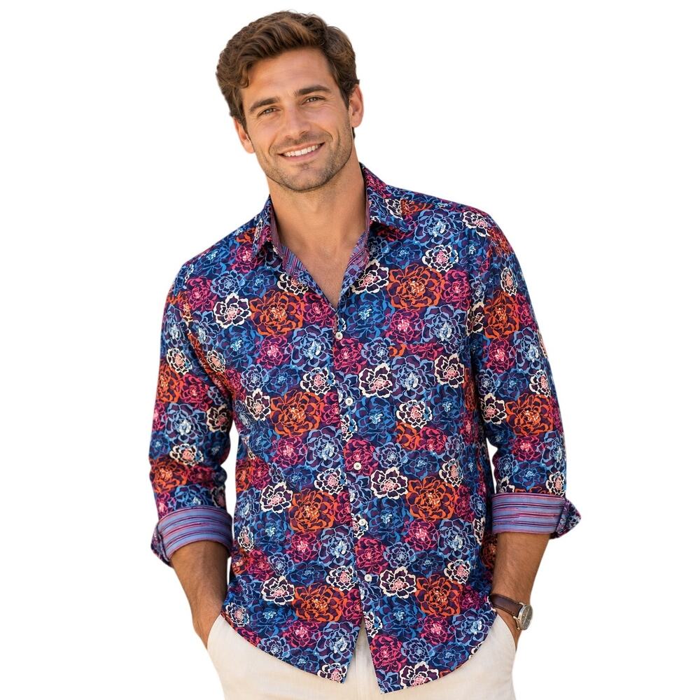Alan Flusser Floral Shirt Flip Cuffs Womens Large Red Blue Multicolor Career